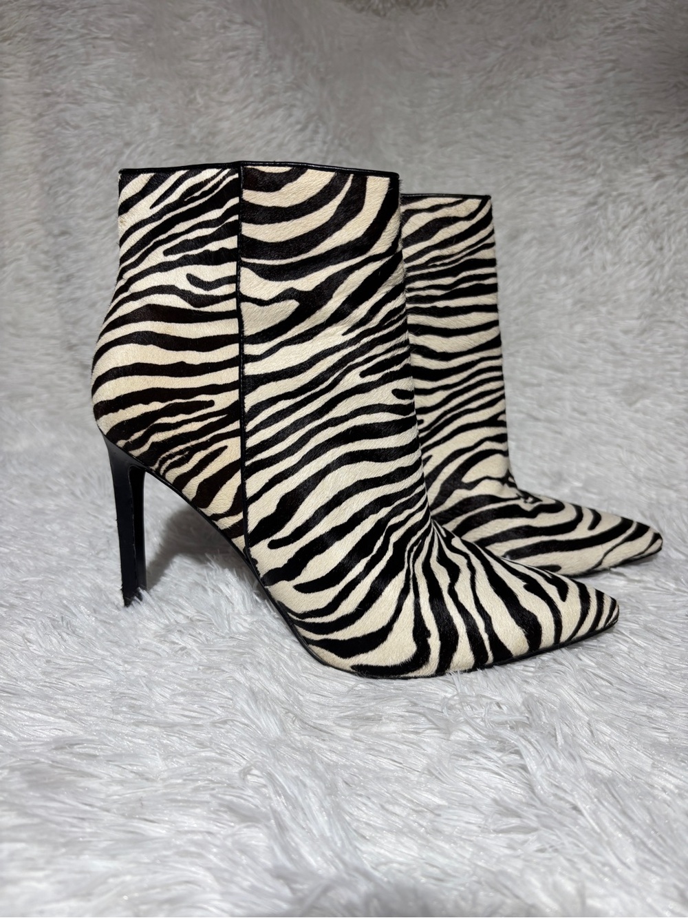 Zebra-Print Pointed Toe Ankle Boots - Black & White